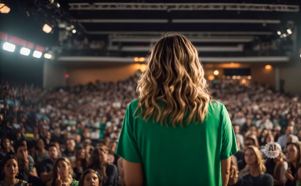 Woman in green shirt on stage facing large audience.