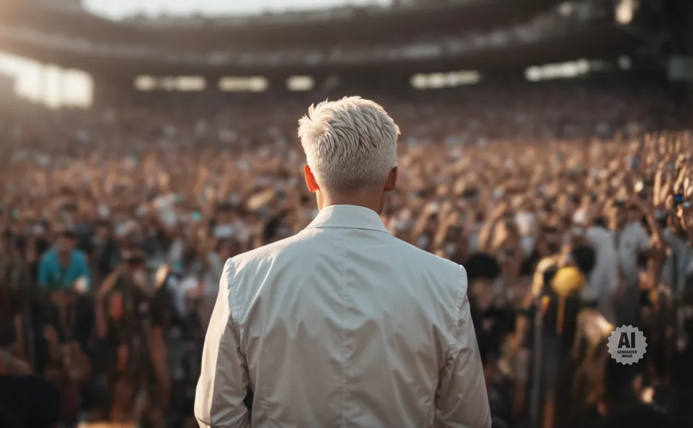 Back of a person with blond hair and a light jacket facing a large, blurred crowd at an outdoor event.