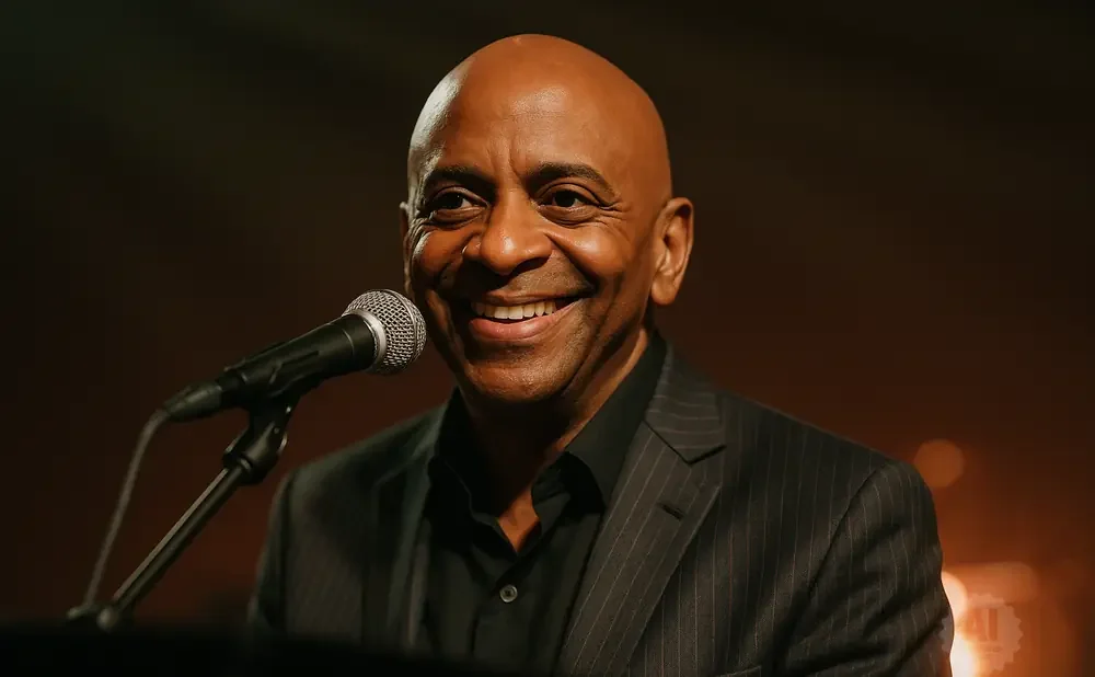 A bald Black man in a pinstripe suit smiles into a microphone.