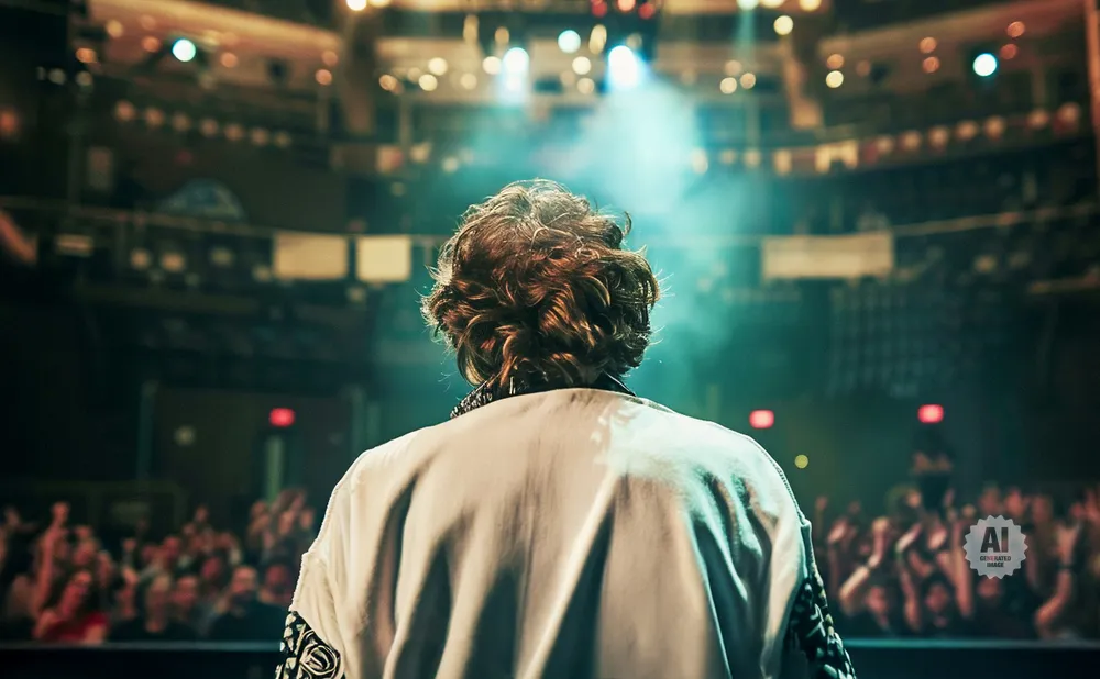 Back view of a person with curly hair standing on stage, facing a cheering crowd.