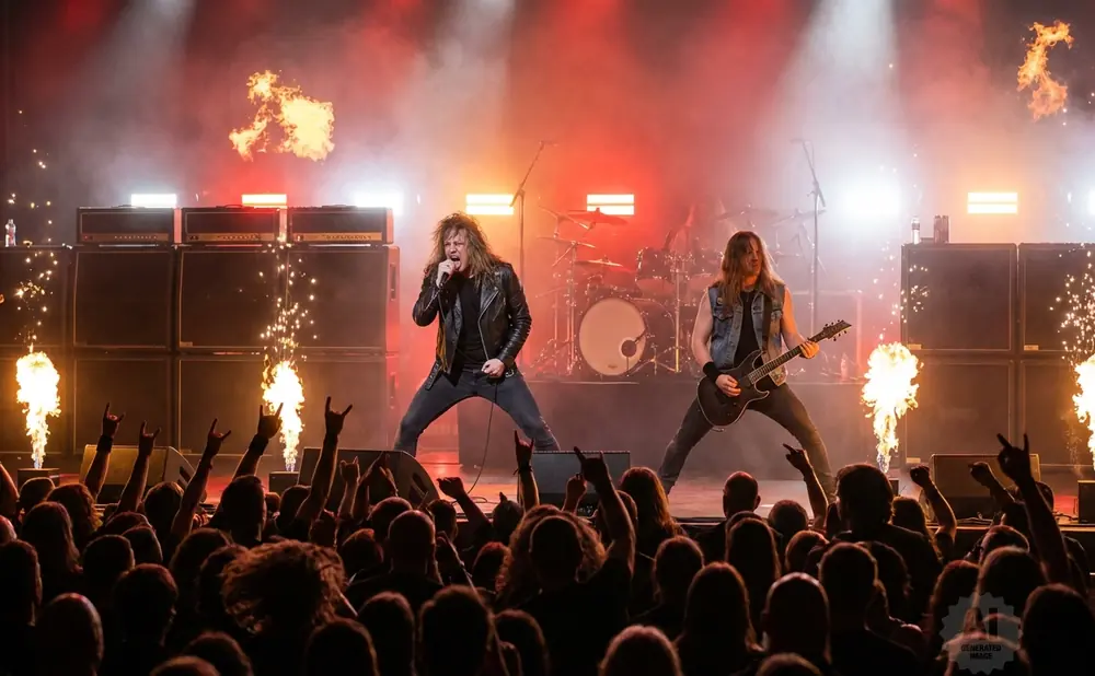A rock band performs live with pyrotechnics and a roaring crowd.