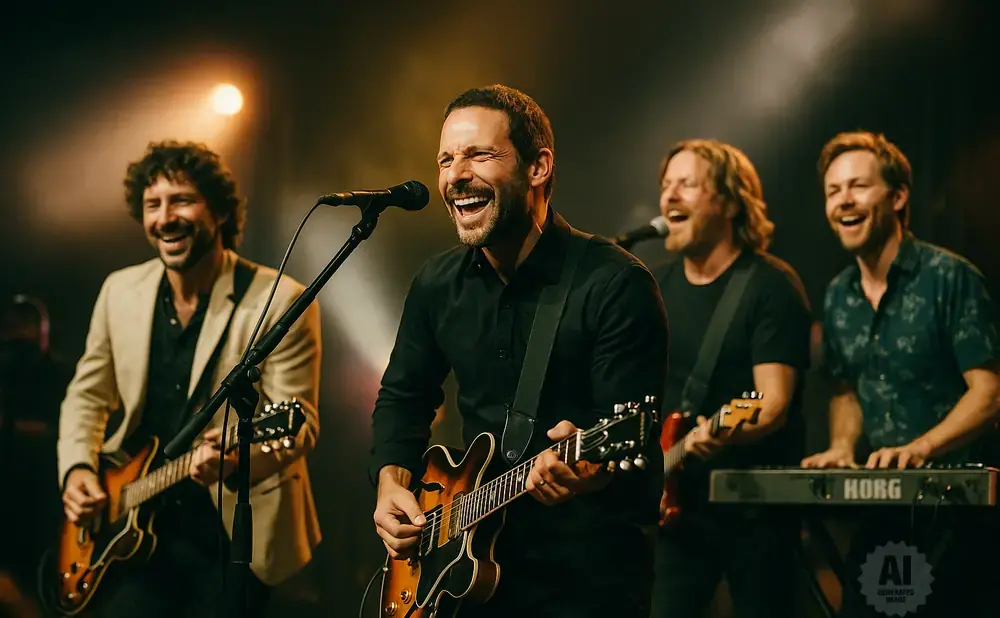 A band plays on stage, with singers and guitarists smiling and laughing.