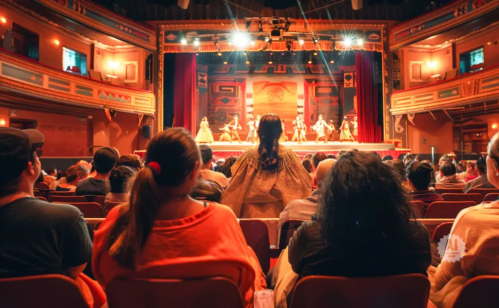 An audience watches a performance on a stage in a grand, ornate theater.