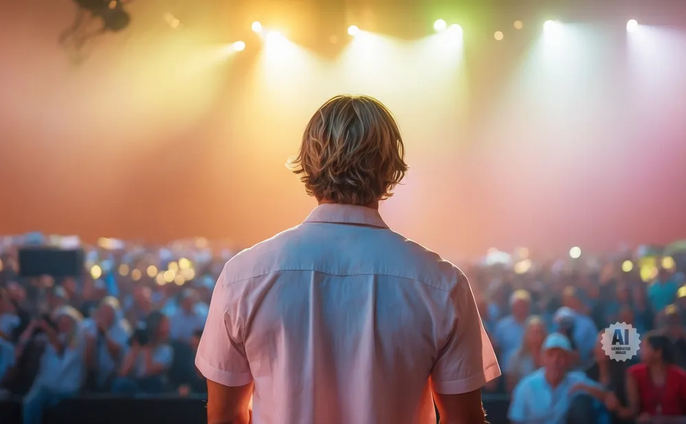 Man facing away from camera, looking at a large, blurred crowd under bright stage lights.