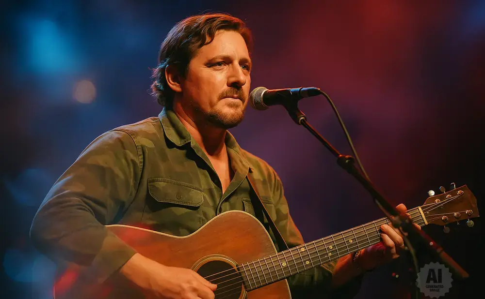 Musician playing an acoustic guitar and singing into a microphone under stage lights.