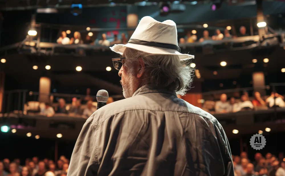 Man in a white hat speaks into a microphone on stage with an audience in the background.
