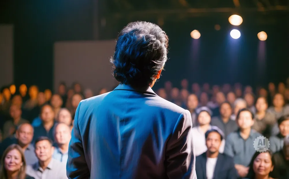 A person in a suit speaks to a blurred audience under stage lights.