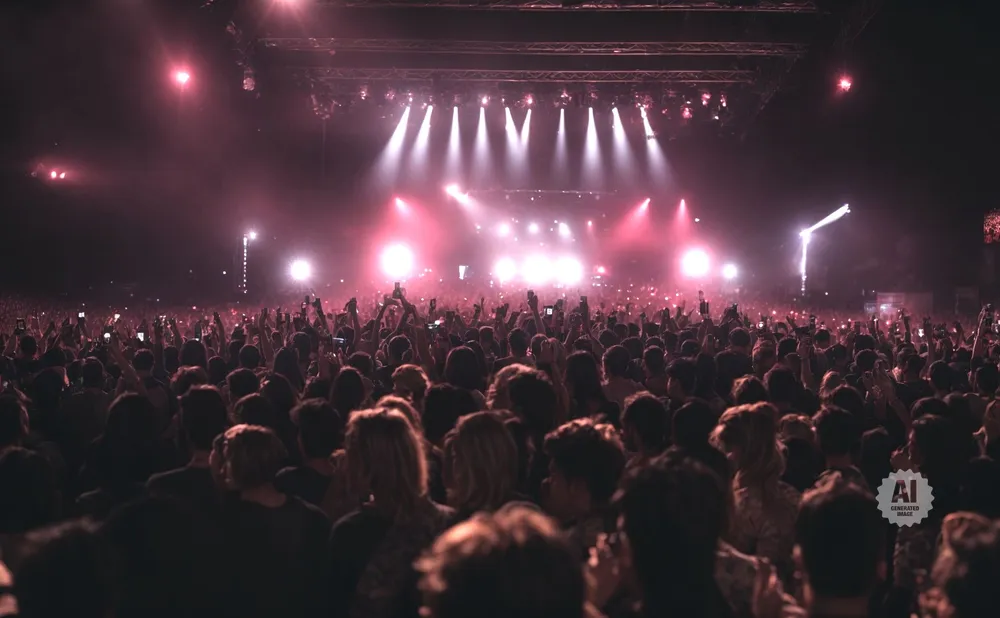 A large crowd at a concert with bright pink and white stage lights.