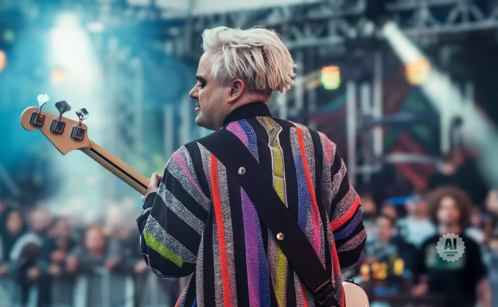 A musician with platinum blonde hair plays a bass guitar onstage, wearing a colorful striped jacket.