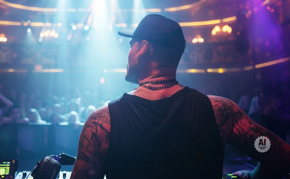 DJ wearing a black cap and tank top with tattoos, standing at a DJ booth with a crowd in the background.