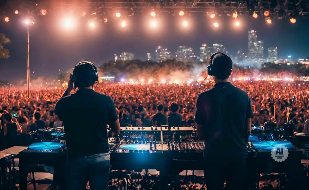 Two DJs perform for a large crowd at a concert, with city lights in the background.