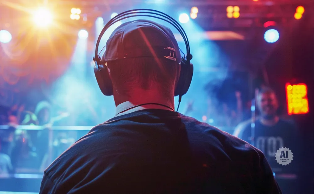 A DJ wearing headphones stands in front of a blurred crowd and stage lights at a concert.
