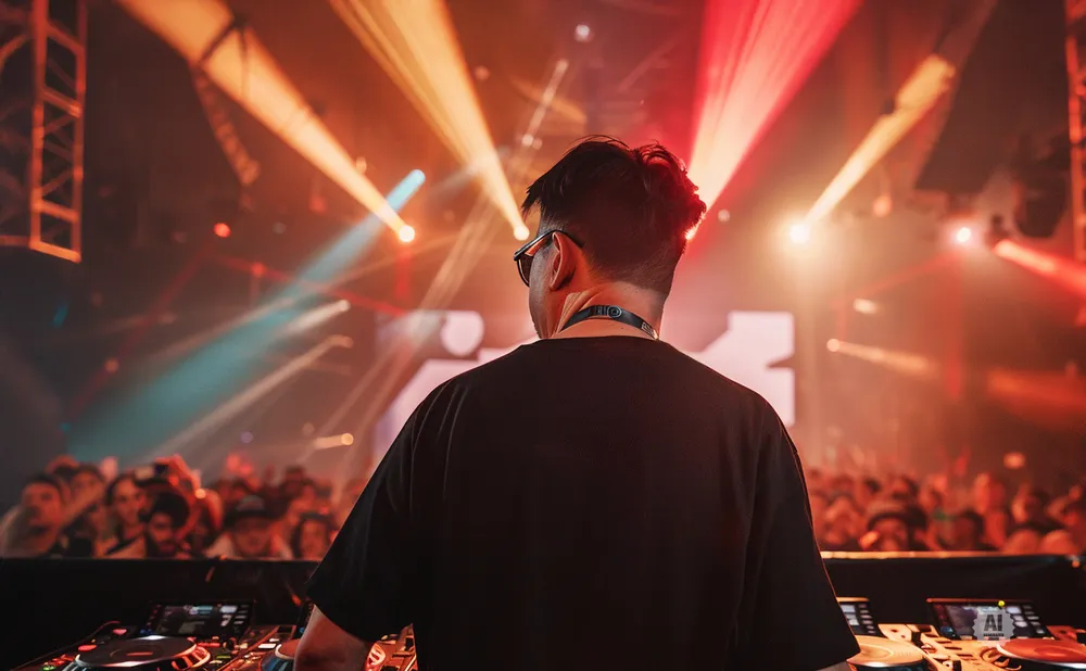 DJ playing music in a club with red and orange lights and a crowd in the background.