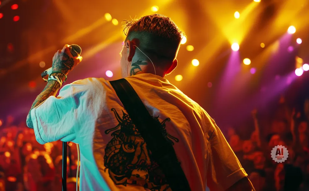 A tattooed singer holds a microphone on stage with bright, colorful lights behind him and a cheering crowd.