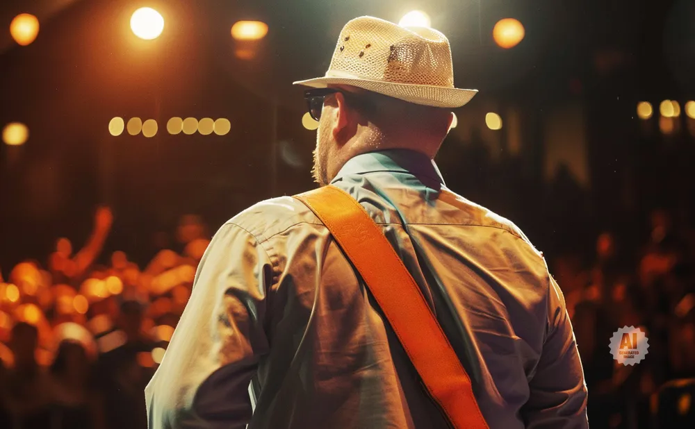 Man in a hat and sunglasses on stage with an orange guitar strap, crowd in the background.