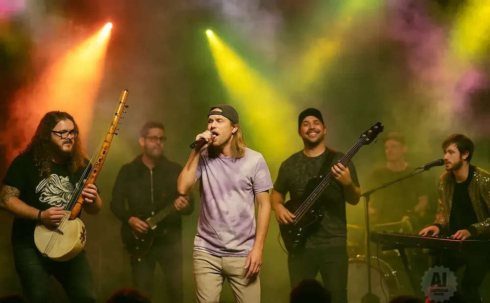 A band performs on stage with colorful spotlights and smoke.
