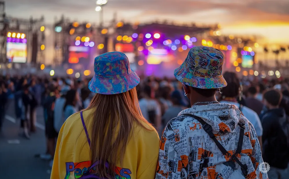 Two people in bucket hats watch a vibrant, blurry concert stage with a crowd in front.
