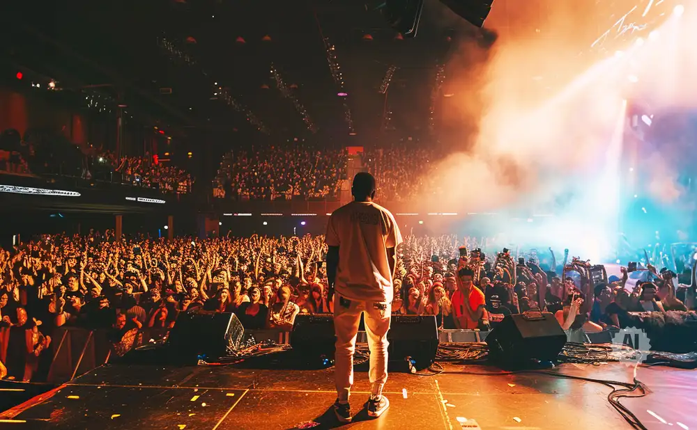 A performer stands on stage, facing a large crowd at a concert, with bright lights and smoke filling the air.