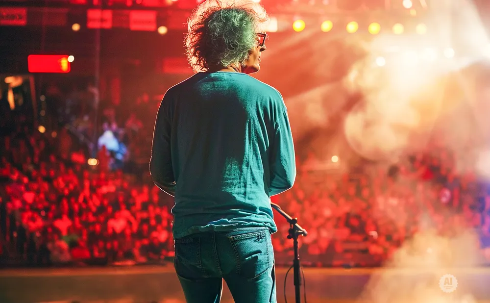 Performer with curly hair on stage, facing a cheering crowd under bright lights.