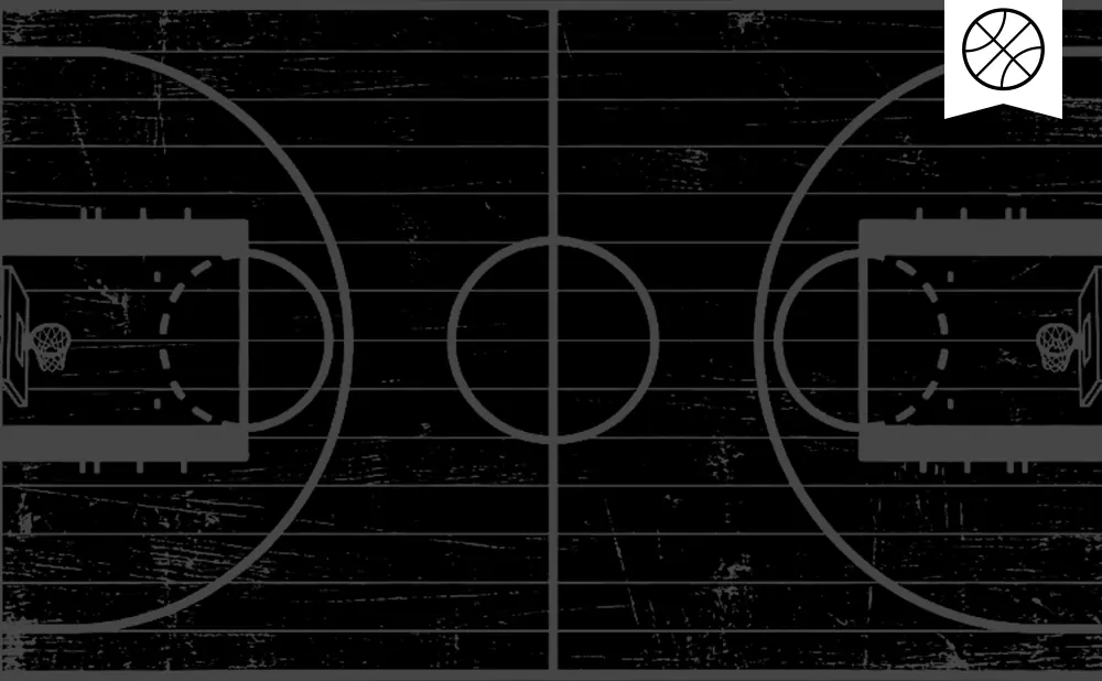 A black and white illustration of a basketball court with a basketball icon in the top right corner.