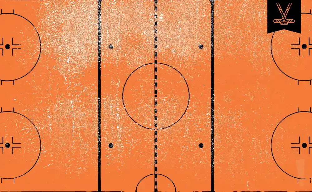 Illustration of a hockey rink with grunge texture and a black banner with crossed hockey sticks in the top right corner.