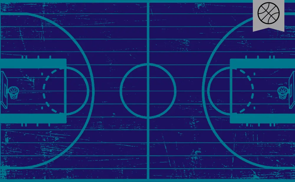A blue basketball court with teal lines, a center circle, and a basketball icon.