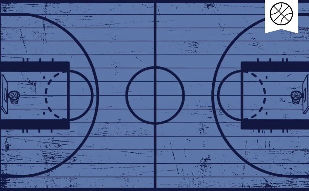 Top-down view of a blue basketball court with a distressed wood texture and a basketball logo.
