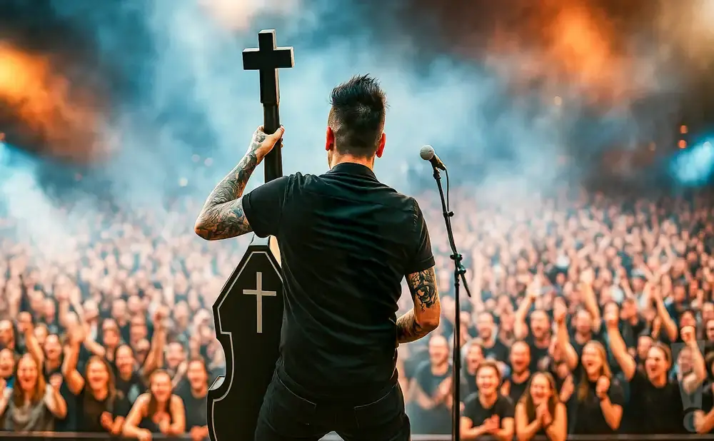 A musician holds a coffin-shaped guitar on stage, facing a cheering crowd.