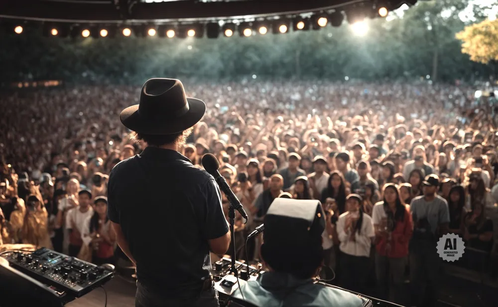A musician in a hat performs for a large, cheering crowd at an outdoor concert.