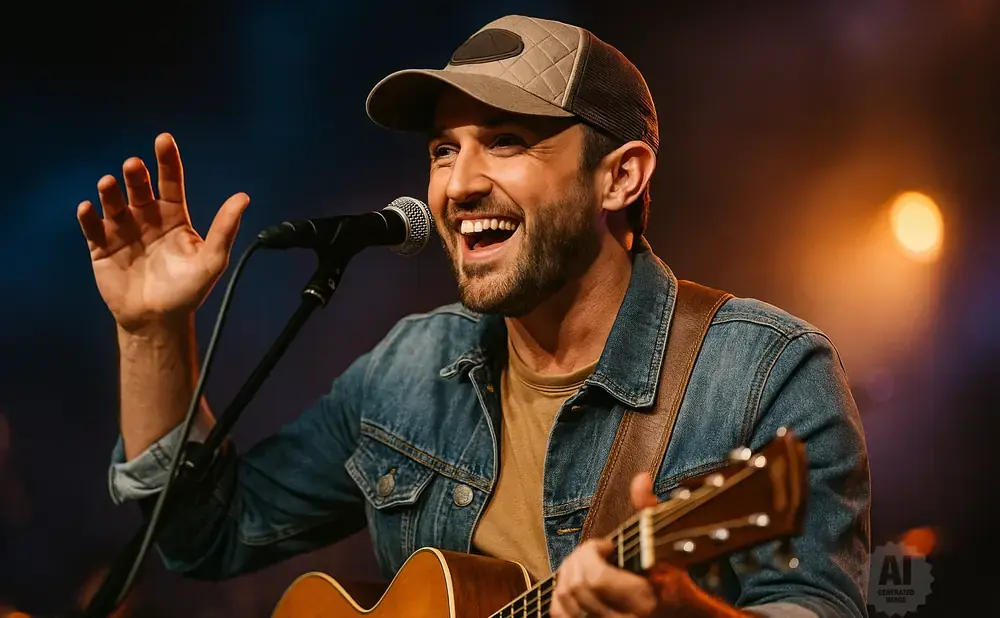 A man in a denim jacket and baseball cap sings into a microphone while playing an acoustic guitar.