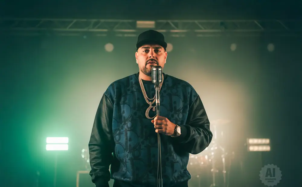 Man in black cap and patterned sweatshirt holds a microphone, wearing two gold chains.