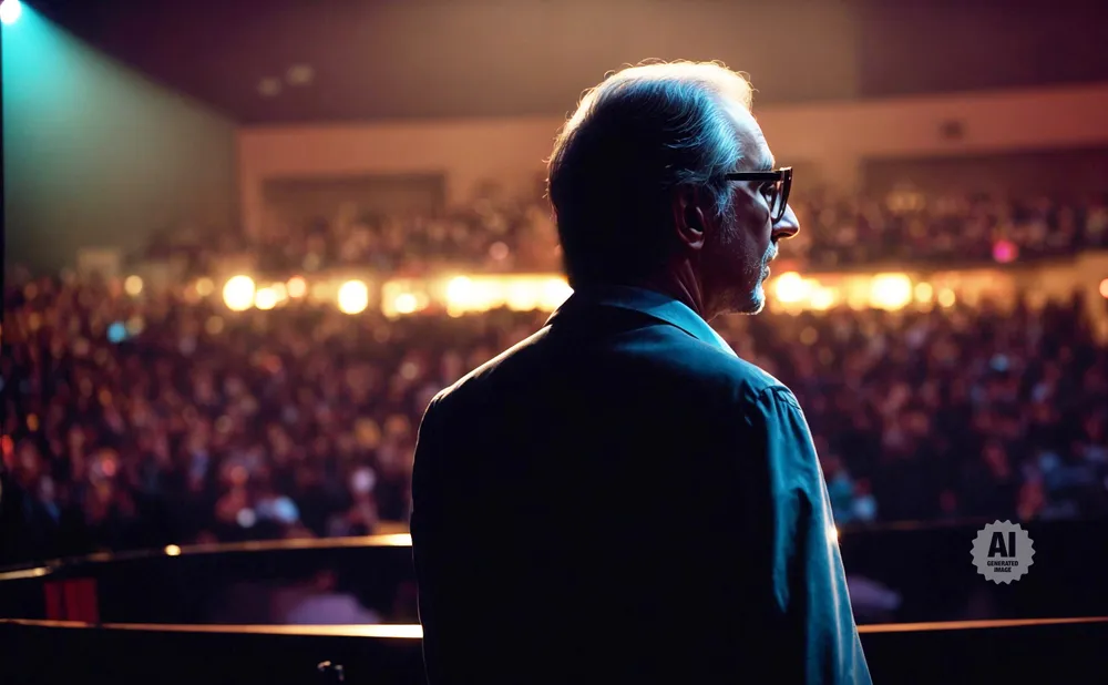 Man in glasses on stage facing a blurred audience.