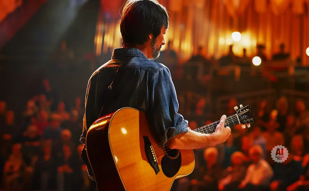 Man playing acoustic guitar on stage, facing away from camera, with blurred audience in the background.