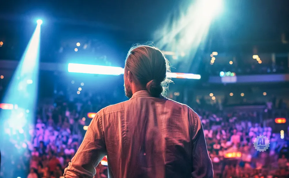 Man with hair in a bun on stage facing a blurred crowd under bright blue and white spotlights.
