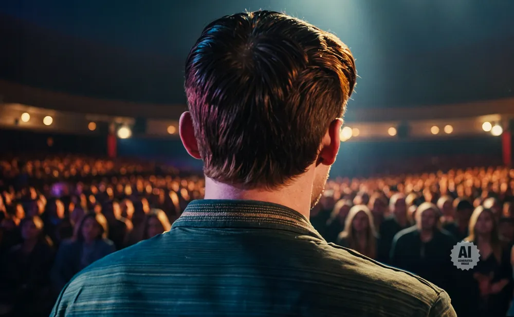 Man's back as he addresses a packed auditorium with warm lighting.