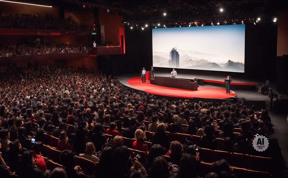 Audience watches a presentation on a large screen in a theater.