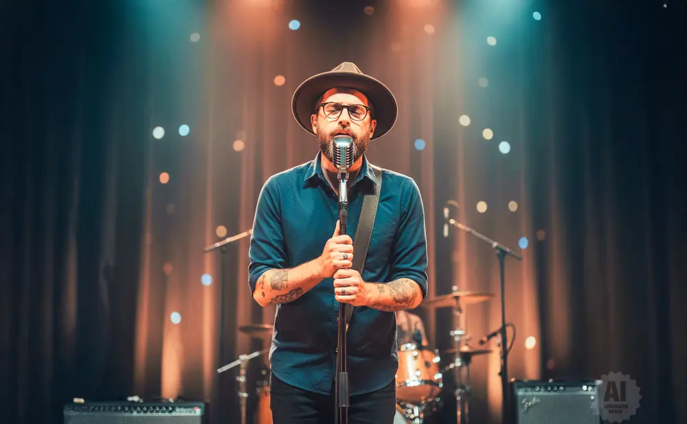 Man in a hat and glasses sings into a microphone on stage with a blurred background of lights and a drum set.
