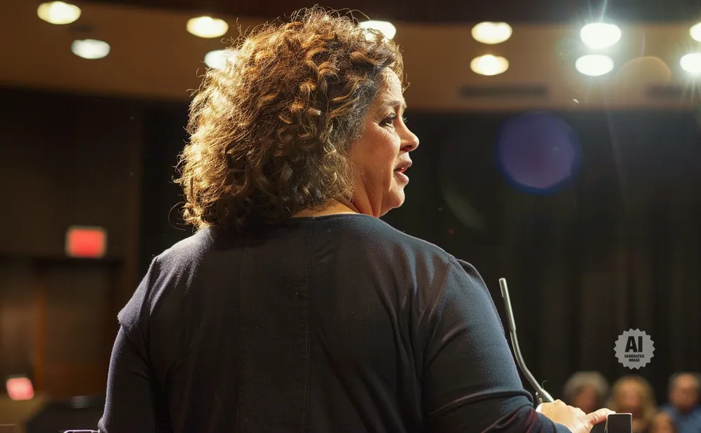 Woman with curly hair speaks at a podium, illuminated by stage lights.