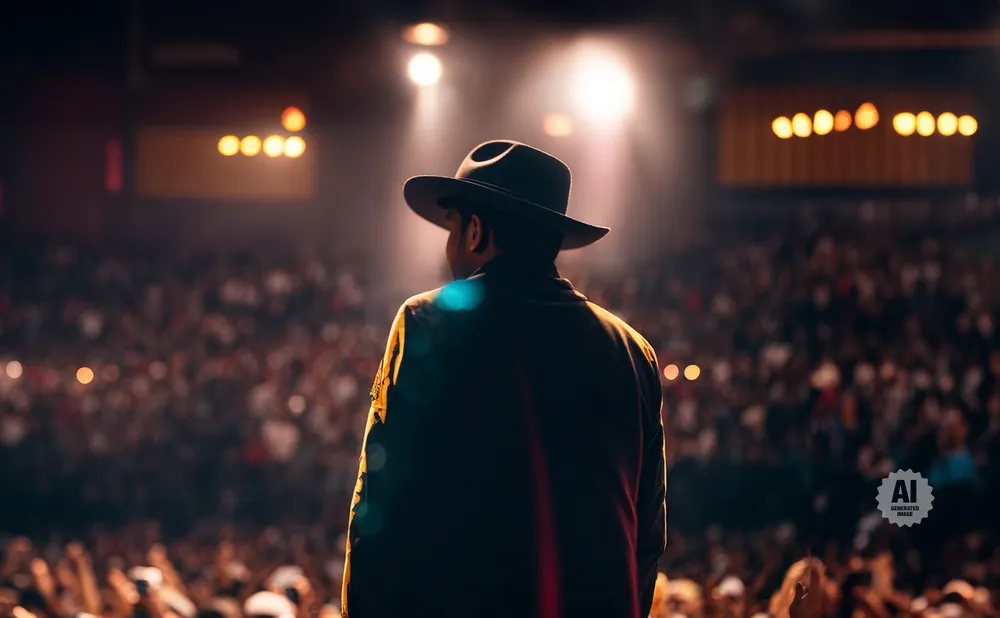 A person in a hat on stage looks out at a cheering crowd under bright spotlights.