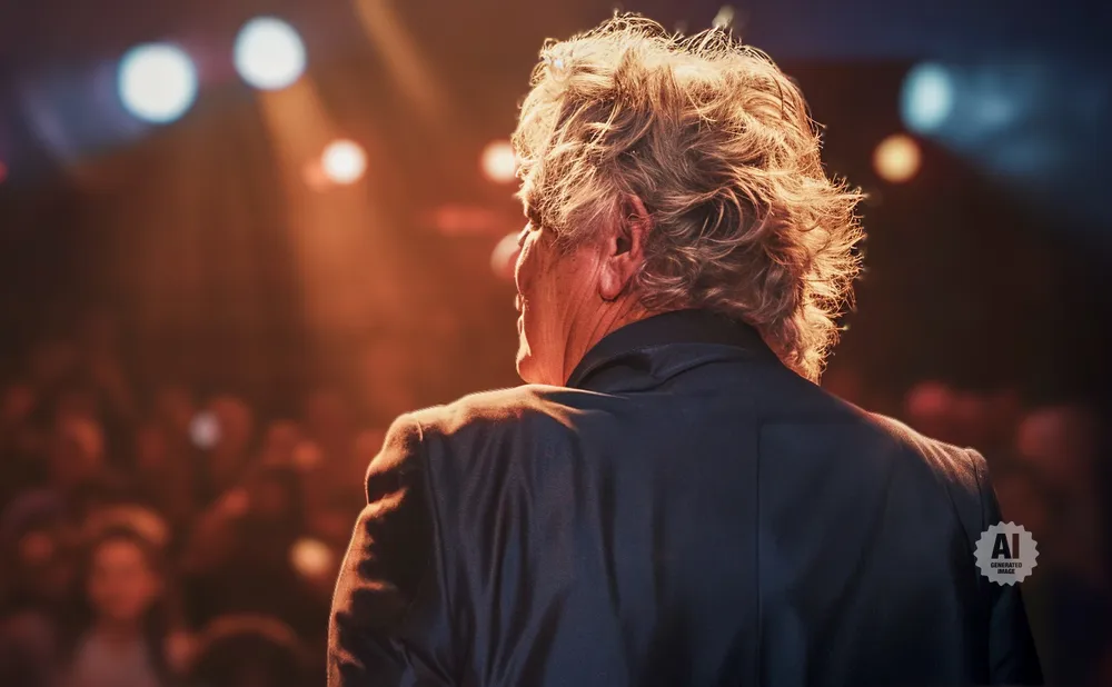 A man with wind-swept hair and a dark suit stands on a stage, facing away from the camera, bathed in warm stage lights.