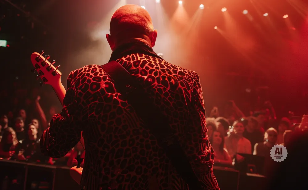Guitarist with a leopard print jacket plays to a cheering crowd under red stage lights.