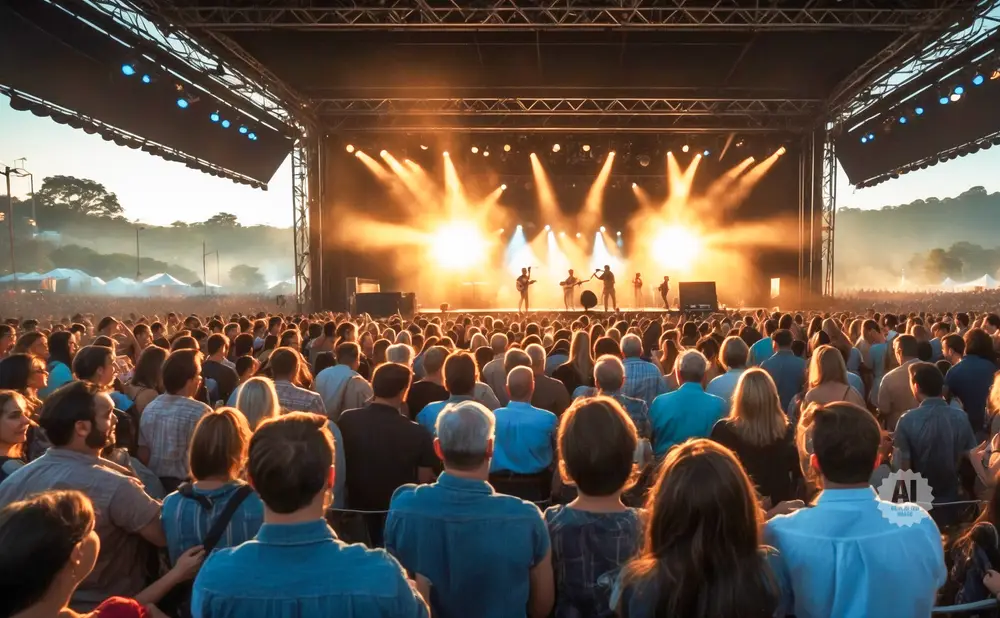 A large crowd watches a band perform on a brightly lit outdoor stage at a festival.