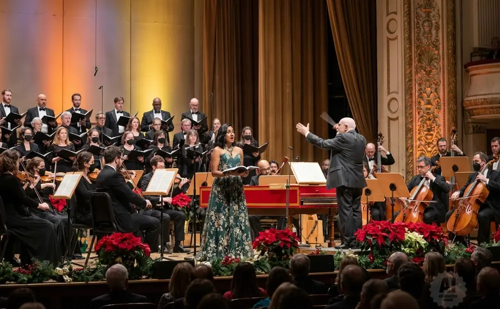 Conductor leads choir and orchestra performing on stage.