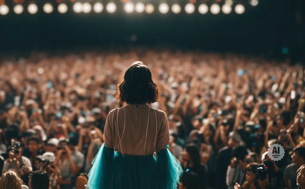 A performer in a teal skirt faces a cheering crowd at a concert.