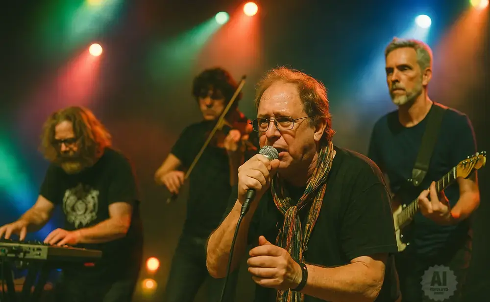 A band performs on stage with colorful spotlights. A singer holds a microphone, a violinist plays, a guitarist strums, and a keyboardist plays.
