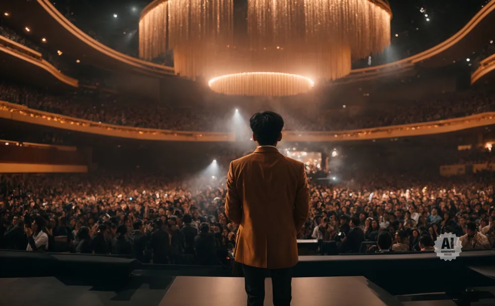 Man in a brown suit on stage facing a large, excited audience in a grand theater.