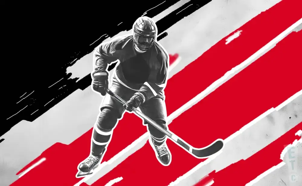 Black and white image of a hockey player in action against a red and white abstract background.
