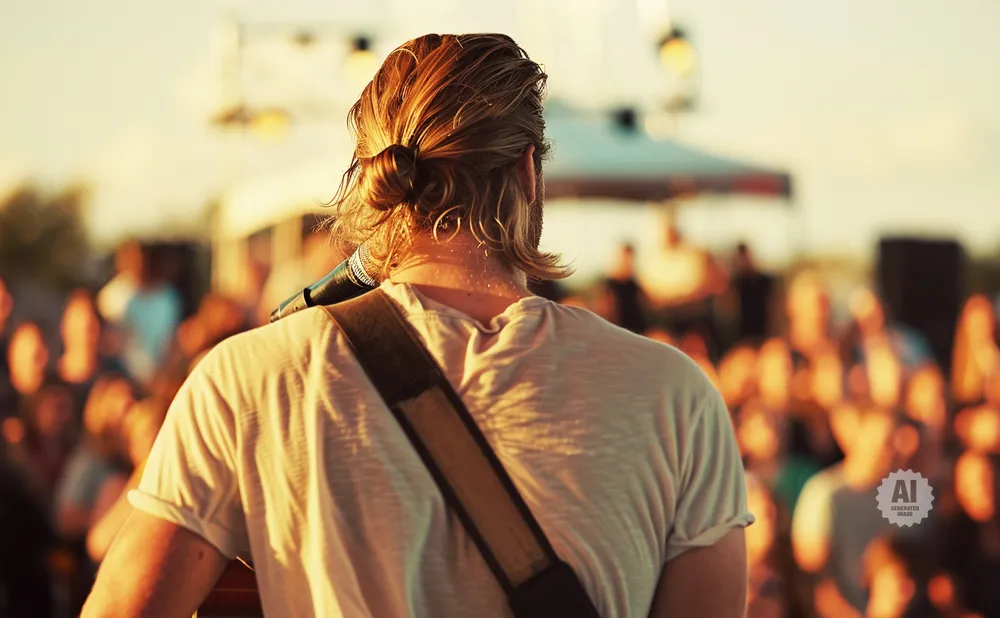 Man with long hair tied back, wearing a t-shirt and guitar strap, sings into a microphone on stage at an outdoor concert.