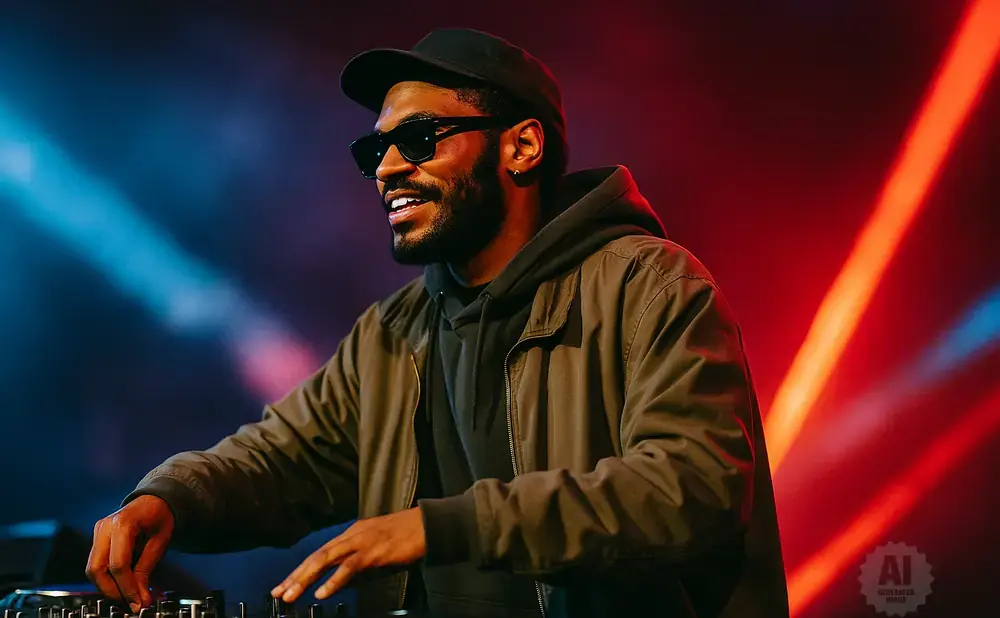 DJ wearing sunglasses and a baseball cap, mixing music on a console with red and blue stage lights.