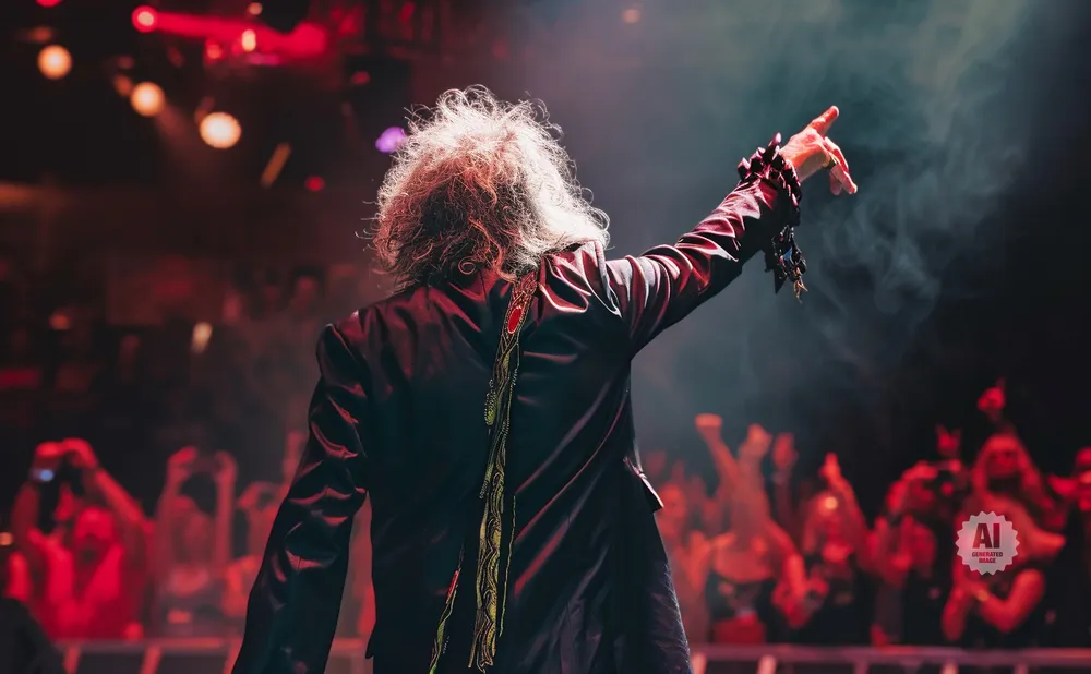 A rock singer with long, wild hair points to the audience during a concert, silhouetted against red stage lights.
